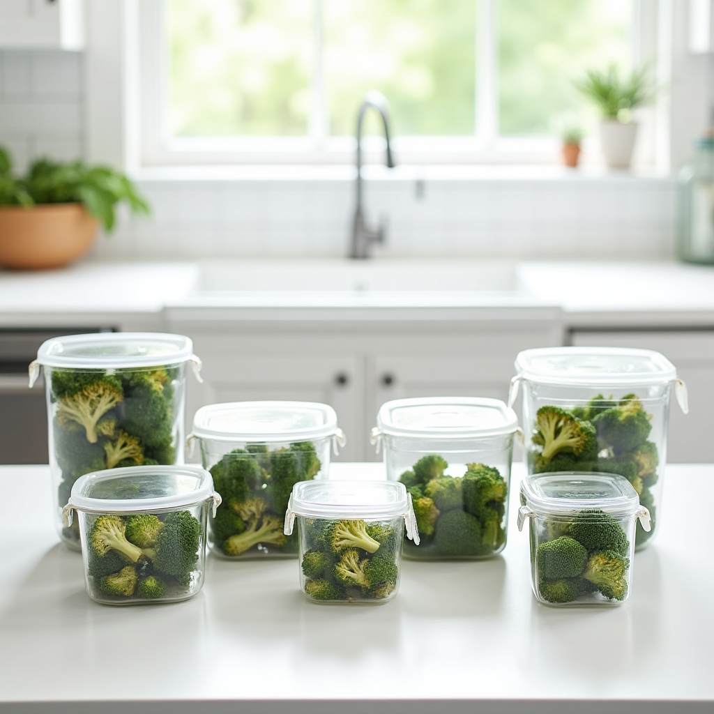 Side-by-side comparison of glass, plastic, and silicone food storage containers arranged on a white kitchen surface