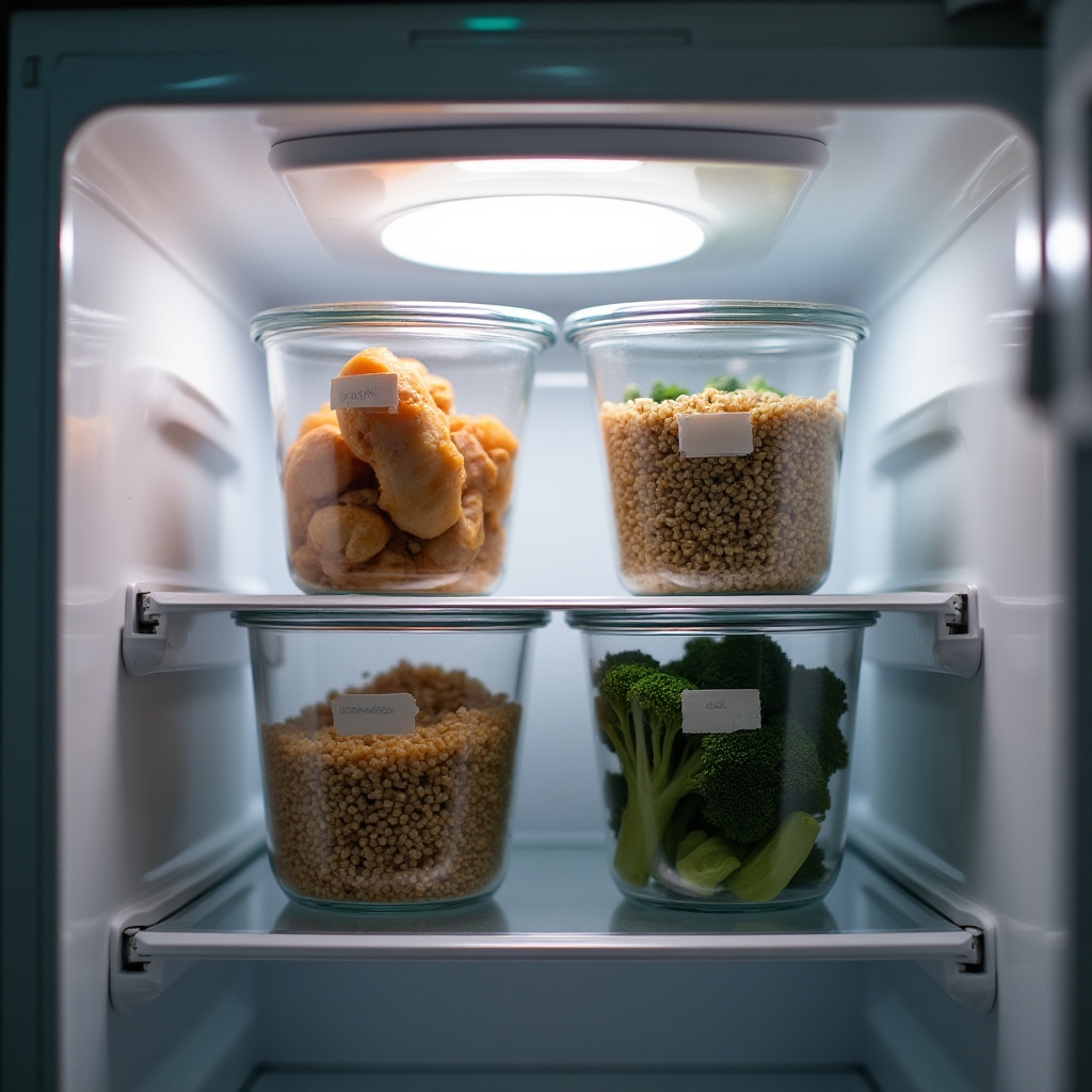 Close-up of labeled meal prep containers in a well-organized refrigerator showing different proteins and grains