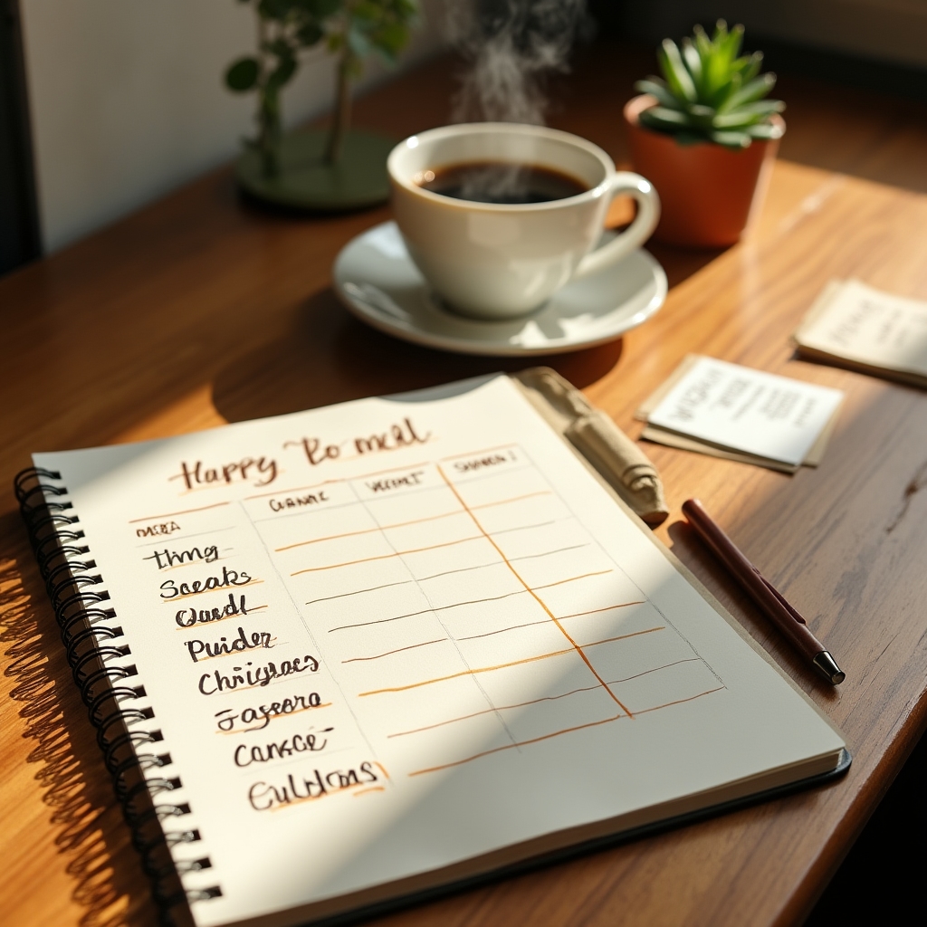 A handwritten meal rotation chart on a notepad surrounded by recipe cards and a coffee mug on a wooden desk