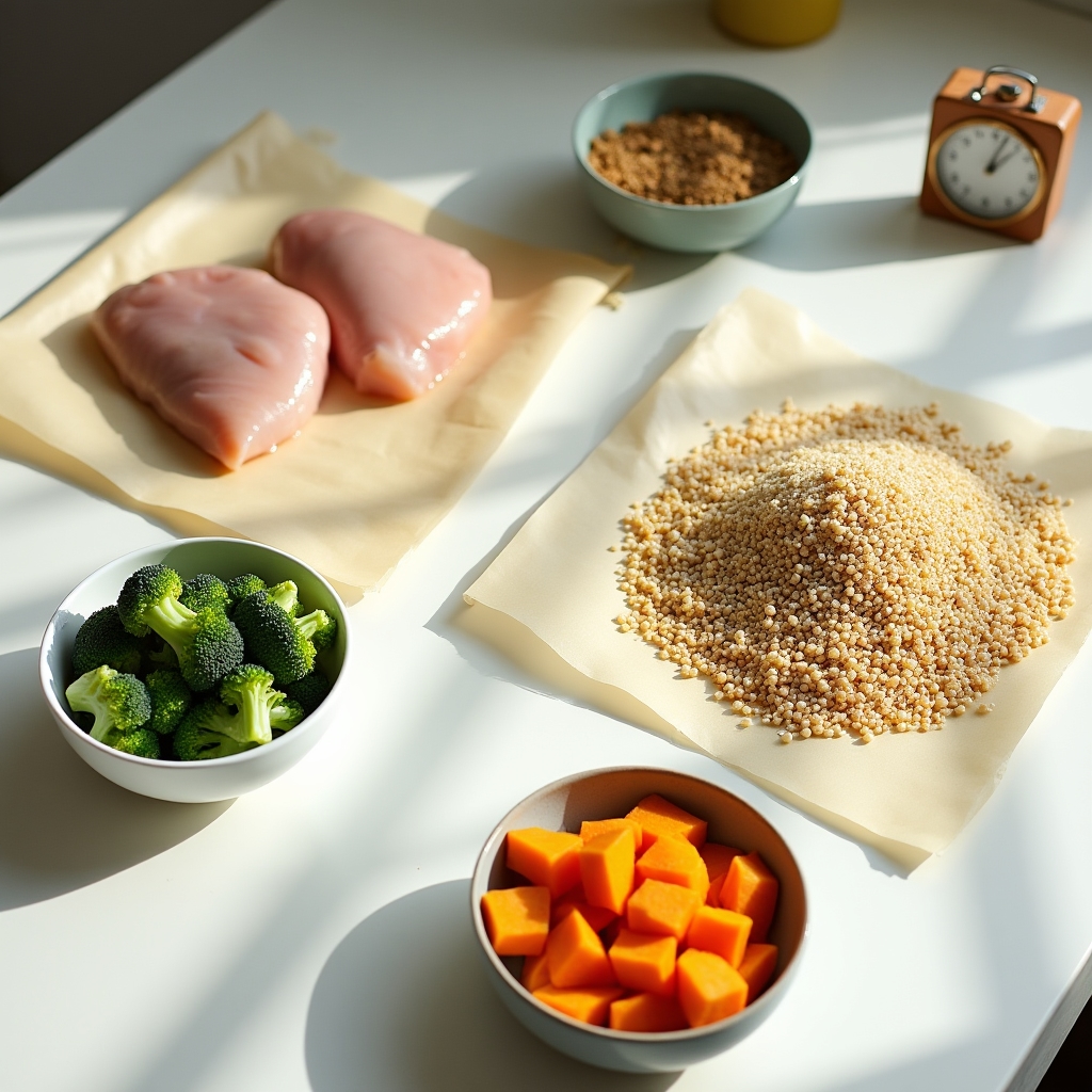 Flat-lay of a 90-minute meal prep layout showing proteins, grains and vegetables organized on a kitchen counter