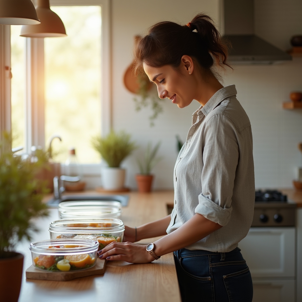 A busy professional in business casual attire prepping meals in a clean modern kitchen on a Sunday afternoon
