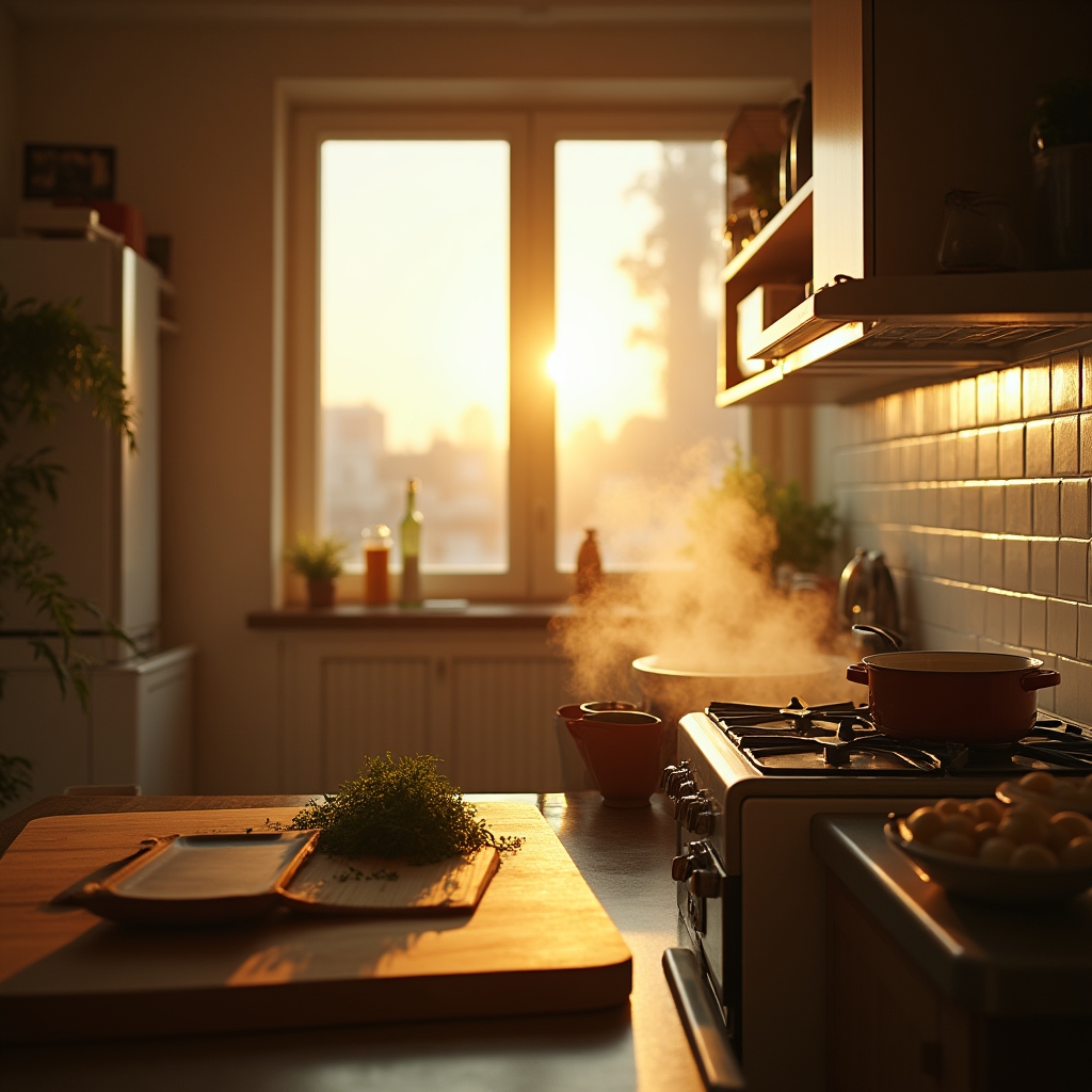 A bright Sunday afternoon kitchen scene with natural light streaming through windows and fresh produce laid out for meal prep