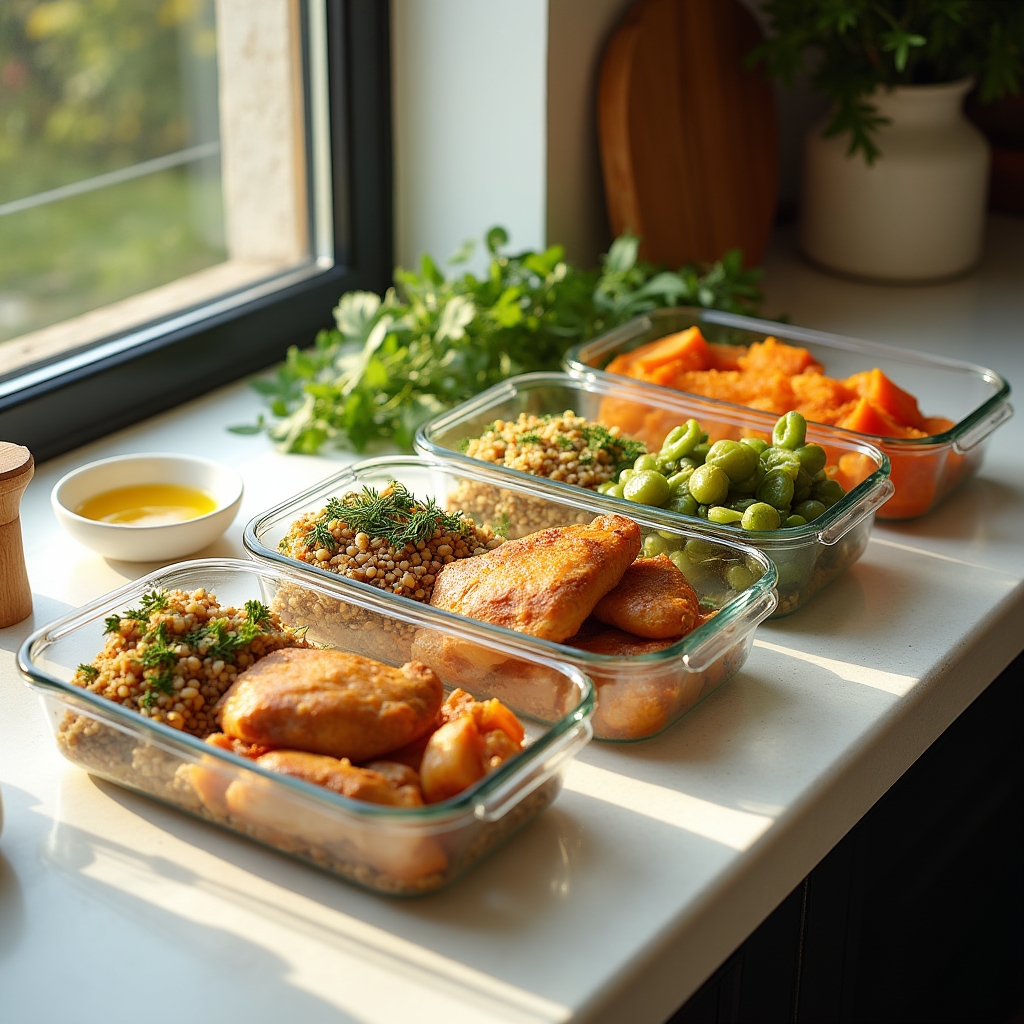Organized Sunday meal prep session with containers and fresh ingredients on a kitchen counter